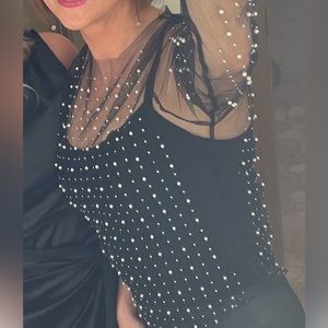 Sheer stretch top with pearls and diamonds - holiday top